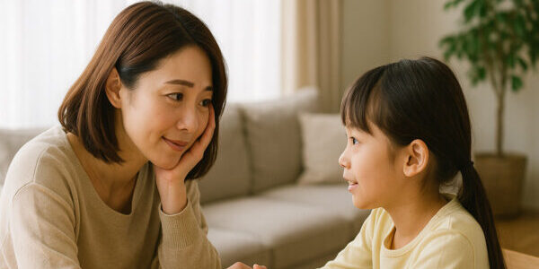 離婚を考える女性が子供と一緒に将来について話し合っている温かい雰囲気の画像