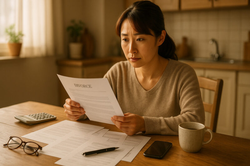 離婚で悩む女性のイメージ - 財産分与について考える主婦が書類を見ながら困っている様子